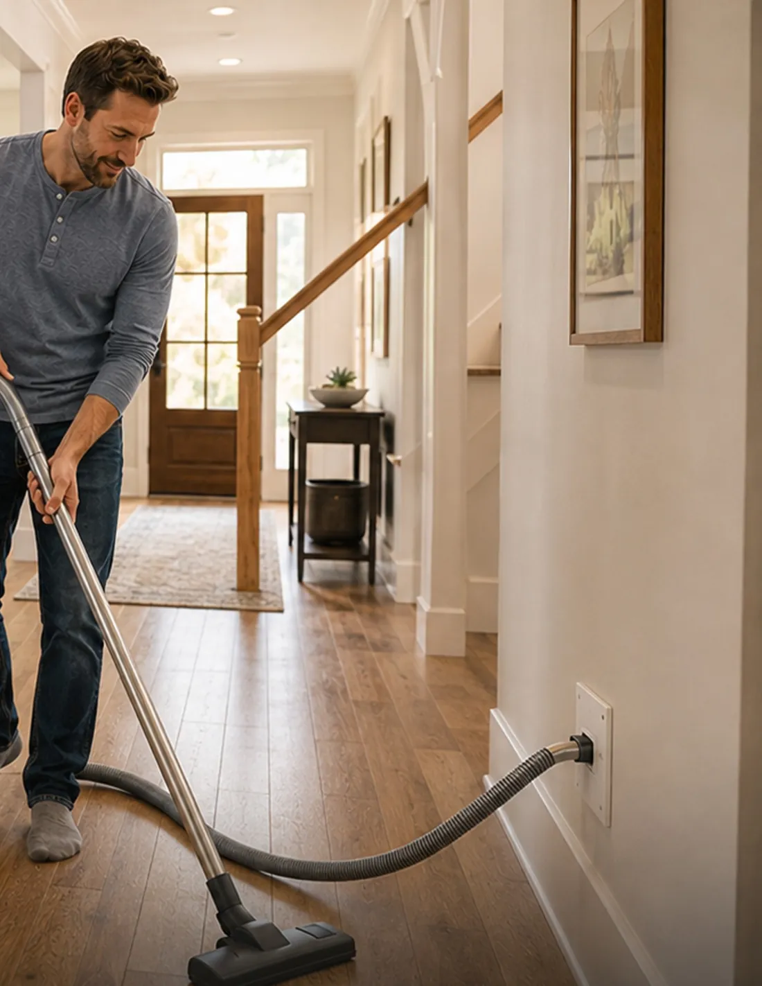 Homeowner vacuuming a hardwood hallway with a hose plugged into a wall inlet
